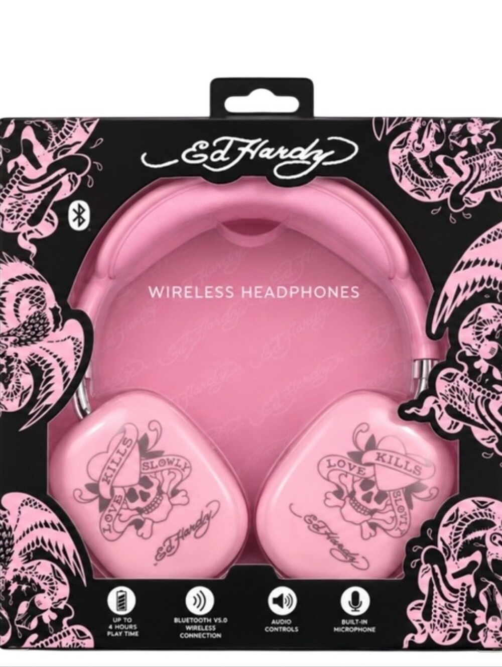 💕▪️Ed Hardy▪️ Pink  Wireless Bluetooth Headphones with Tattoo Skull Graphic